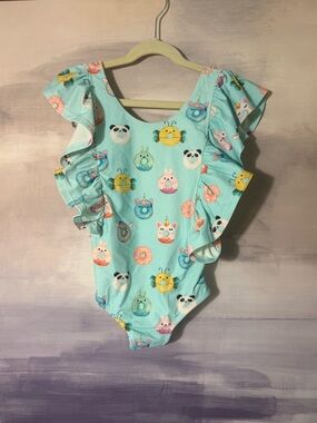 Girls Blue Ruffle One-Piece Swimsuit with Cute Animal & Donut Print
